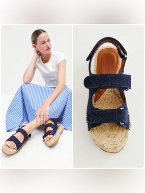 New! Reformation Trinity Sport Dark Blue Denim Espadrille Platform Sandals 💙 9